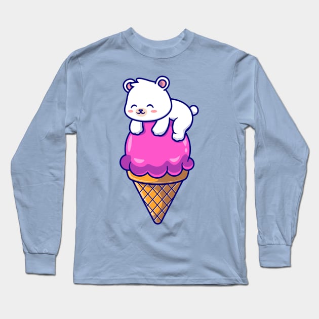 Cute Polar Bear On Ice Cream Cone Cartoon Long Sleeve T-Shirt by Catalyst Labs